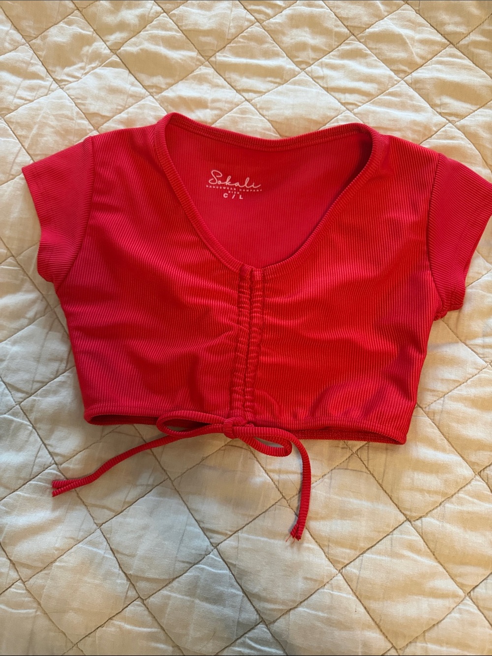 Kids Red Ribbed Cropped Tie-Front Tee